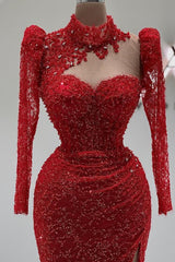 Long Sleeves Mermaid High Neck Sequined Beading Formal Prom Dress with Slit
