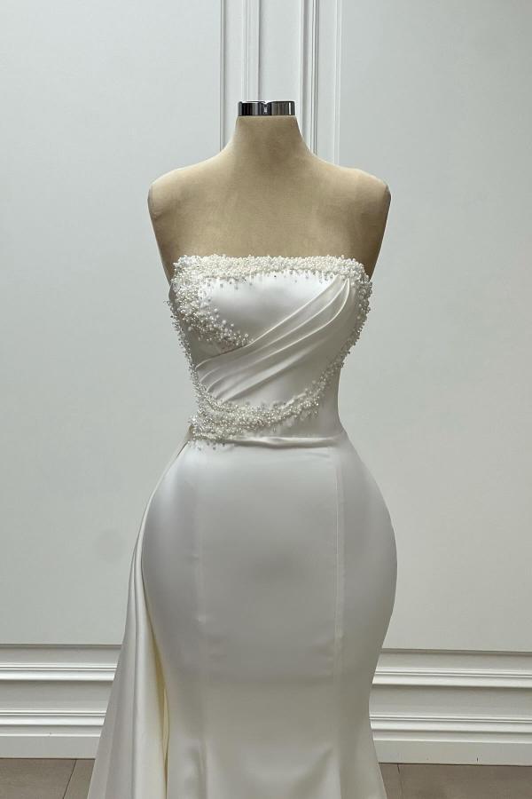 White Long Mermaid Strapless Satin Floor Length Formal Prom Dresses
