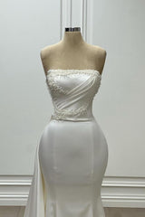White Long Mermaid Strapless Satin Floor Length Formal Prom Dresses