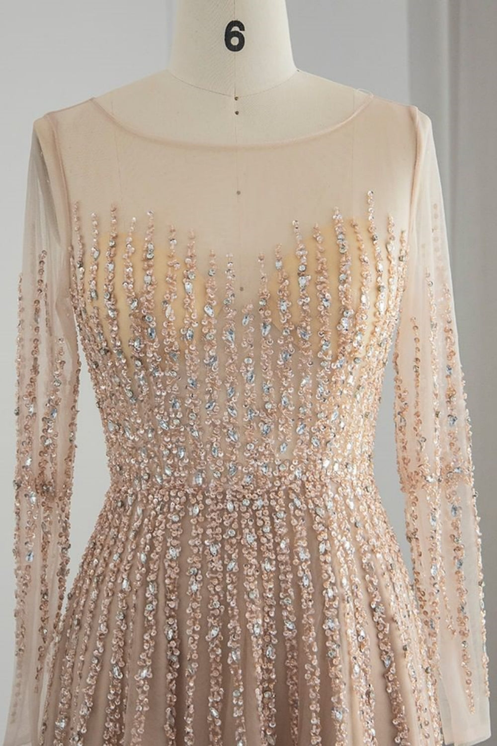 Long A-line Jewel Sequins Tulle Formal Prom Dresses with Sleeves