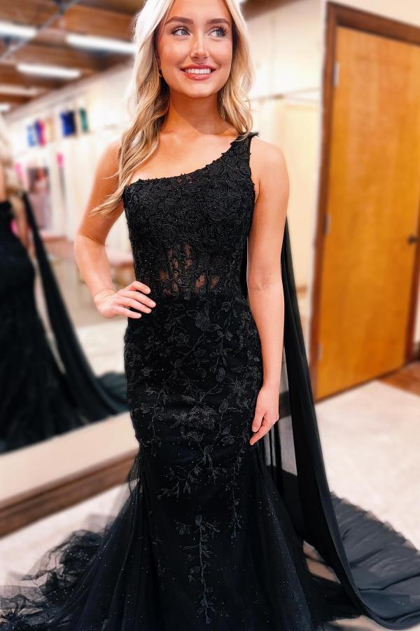 Black Long Mermaid One Shoulder Lace Tulle Prom Dresses