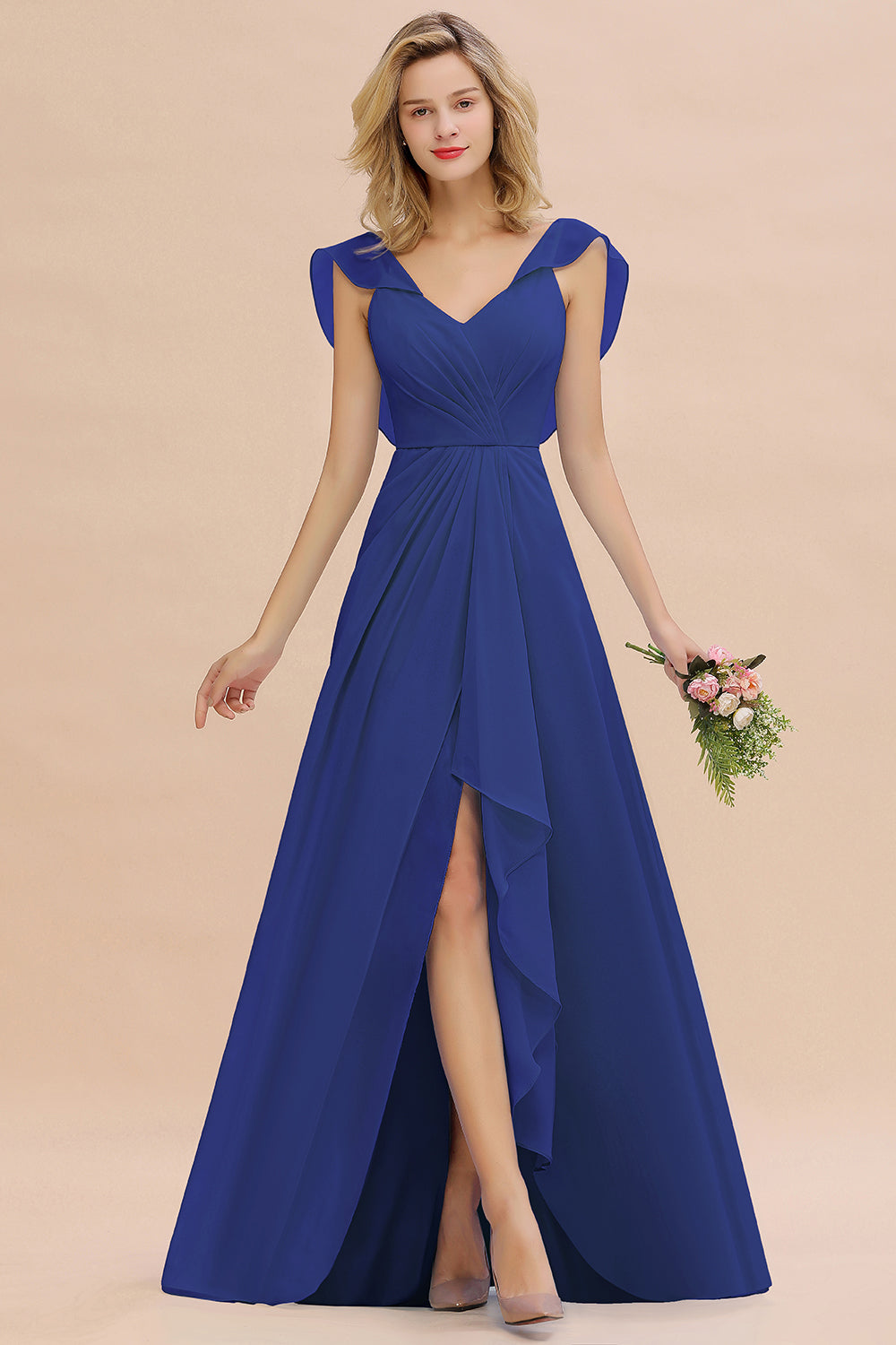 Simple High Low A-line V-Neck Ruffles Chiffon Bridesmaid Dress