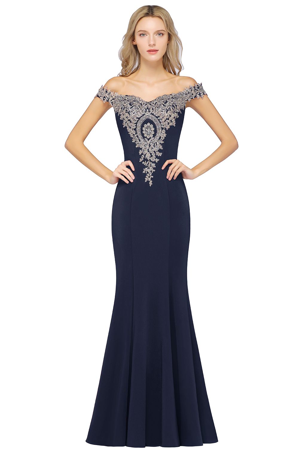 Long Off the Shoulder Mermaid Floor Length Bridesmaid Dress with Lace Appliques