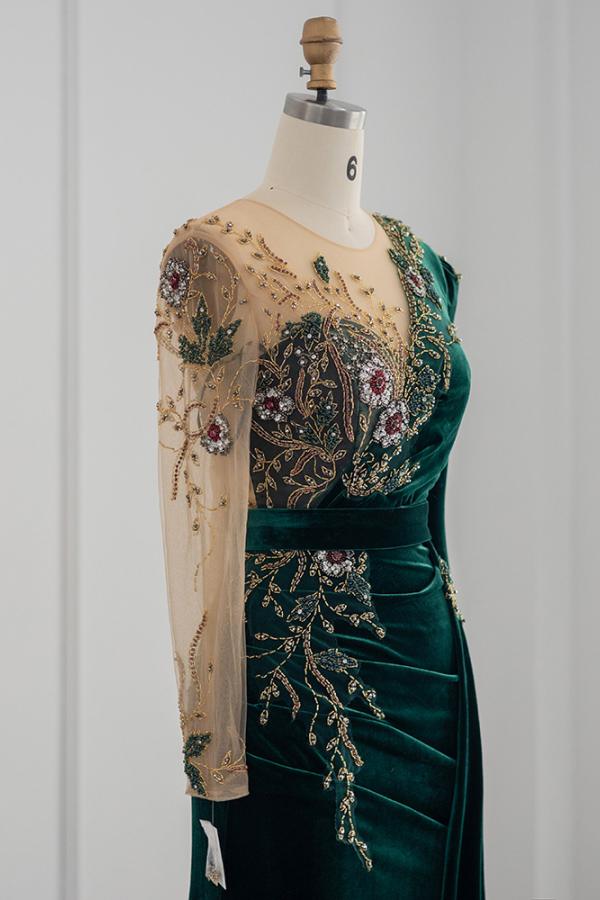 Dark Green Long Mermaid Velvet Tulle Formal Evening Dresses with Sleeves