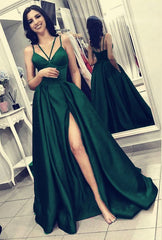 Long A-line V-neck Spaghetti Straps Backless Ruffles Prom Dress With Slit