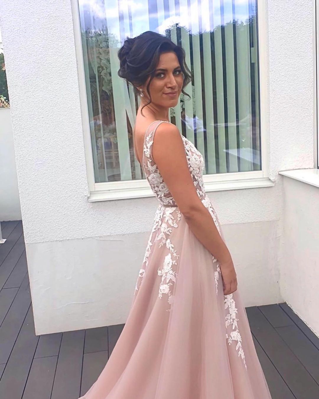 Long A-line V-neck Tulle Floor Length Prom Dress