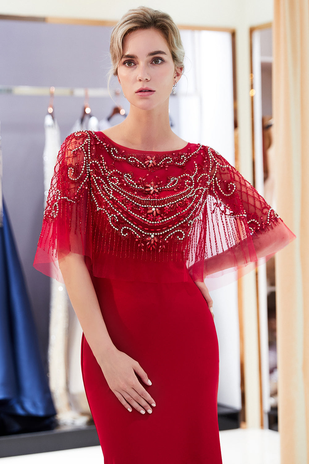 Red Long Jewel Satin Mermaid Formal Evening Dresses