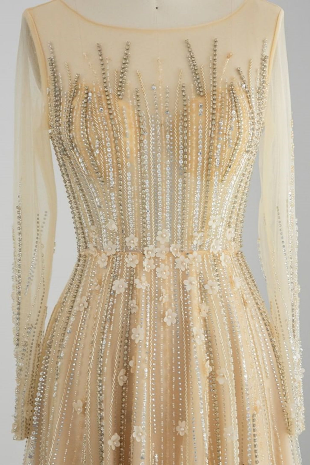 Long A-line Jewel Sequins Tulle Formal Prom Dresses with Sleeves
