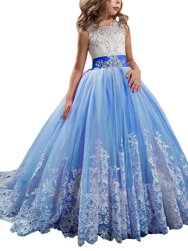 Long Ball Gown Tulle Lace Jewel Neck Pageant Flower Girl Dresses With Bow(S)