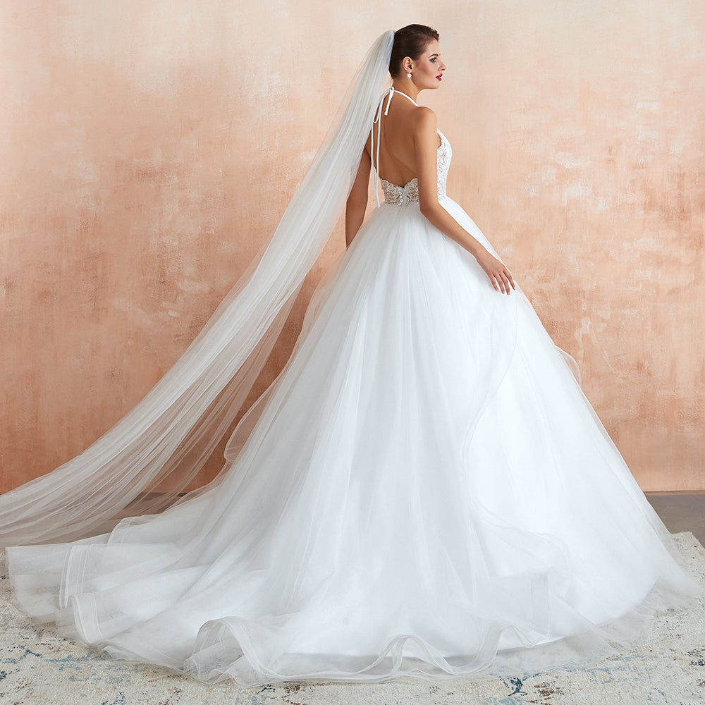 Long Ball Gown Halter Open Back Appliques Tulle Wedding Dress