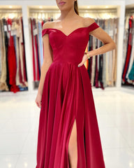 Long A-line Off the Shoulder Satin Prom Dress with Slit