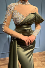Elegant Long Mermaid High Neck Satin Lace Formal Dresses with Sleeves