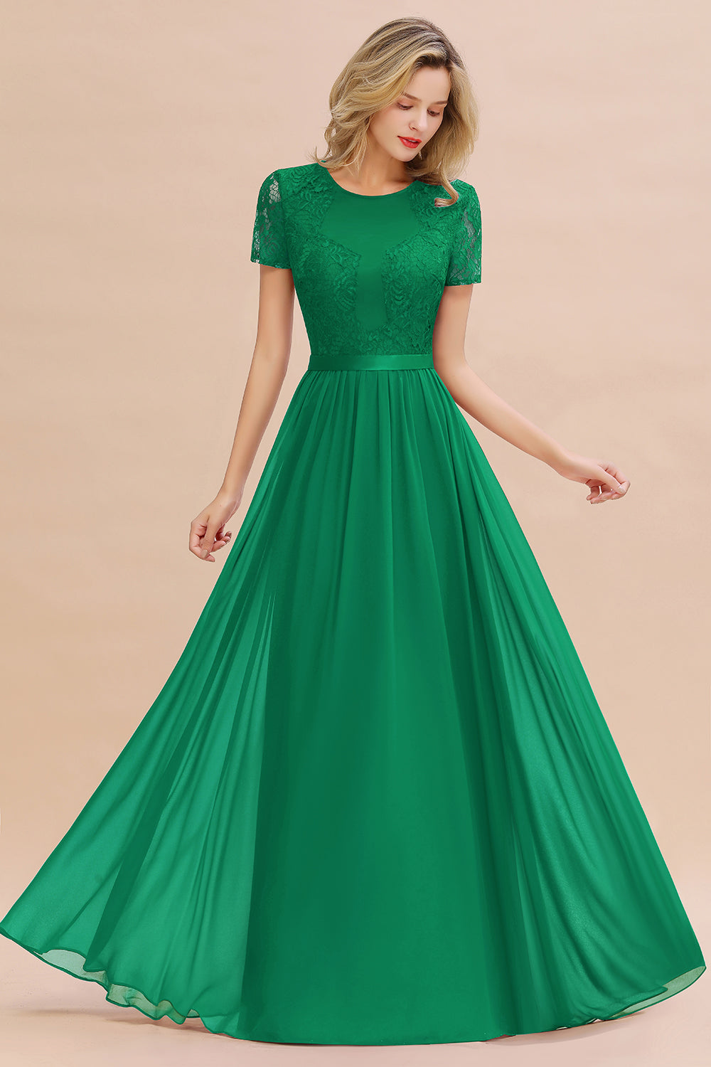 Chiffon Lace Scoop Short Sleeve Bridesmaid Dress