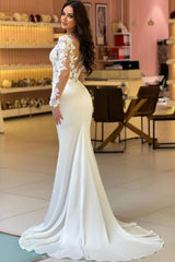 White Mermaid V-Neck Satin Lace Appliques Long Wedding Dresses with sleeves