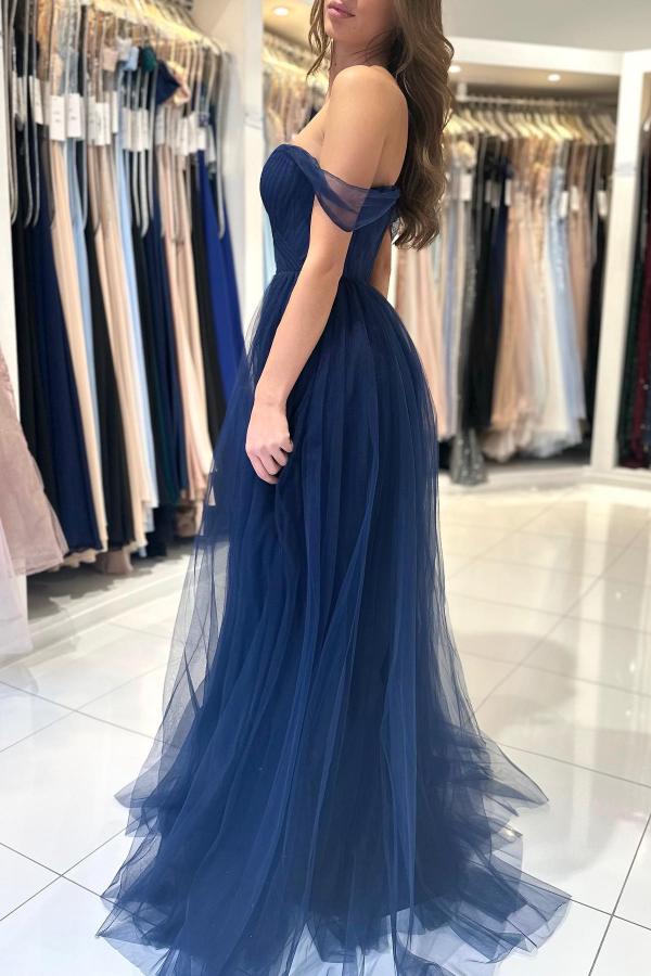 Elegant Long A-line Off the Shoulder Tulle Formal Prom Dresses