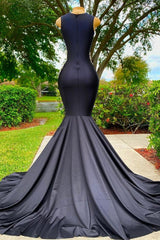 Black Long Mermaid Jewel Satin Tulle Lace Appliques Prom Dress