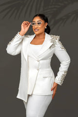 Costume Made Peaked Beaded Women's Business Blazer Pant Suit Set Mother Of The Bride Outfits