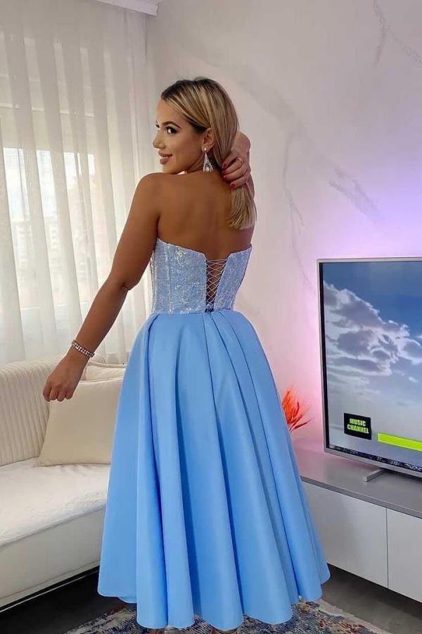Simple Short A-line Strapless Satin Glitter Party Dress
