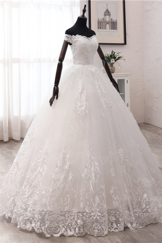 Long Ball Gown Off the Shoulder Tulle Wedding Dress with Lace Appliques