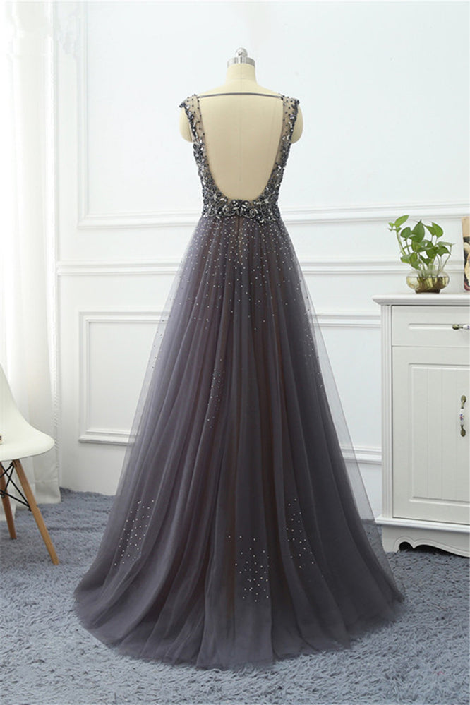 Long V-neck A-Line Tulle Ruffles Sequins Beading Prom Dress With Lace