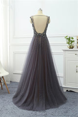 Long V-neck A-Line Tulle Ruffles Sequins Beading Prom Dress With Lace