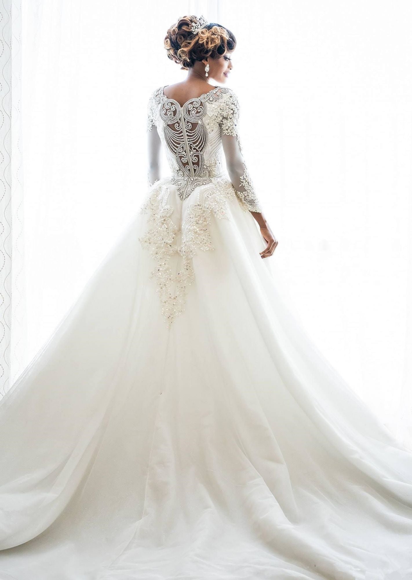 Long Mermaid Beads Lace Appliques Long Sleeve Wedding Dresses with Overskirt