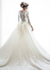 Long Mermaid Beads Lace Appliques Long Sleeve Wedding Dresses with Overskirt