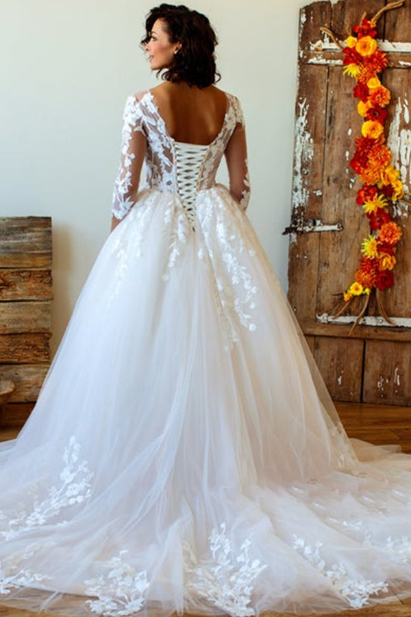 Long Lace-up Appliques Tulle Ball Gown Wedding Dress with Sleeves