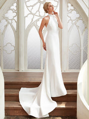 Elegant Long Mermaid High Neck Chiffon White Backless Wedding Dresses