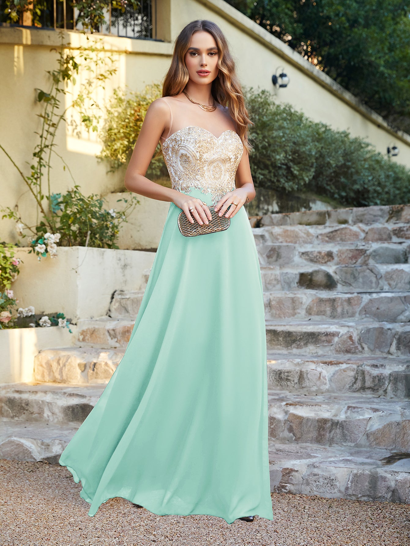 Gorgeous Long A-line Chiffon Lace Sleeveless Formal Evening Dresses