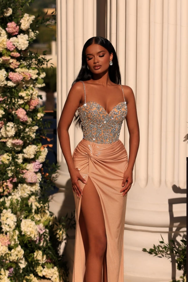 Spaghetti Straps Split Front Long Satin Prom Dress with Beads
