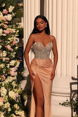 Spaghetti Straps Split Front Long Satin Prom Dress with Beads