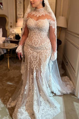 Elegant Plus Size High Neck Long Sleeve White Floor Length Mermaid Lace Wedding Dress