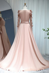 Long Sleeves Mermaid Satin Flower Beadings Formal Evening Dresses with Sweep Train