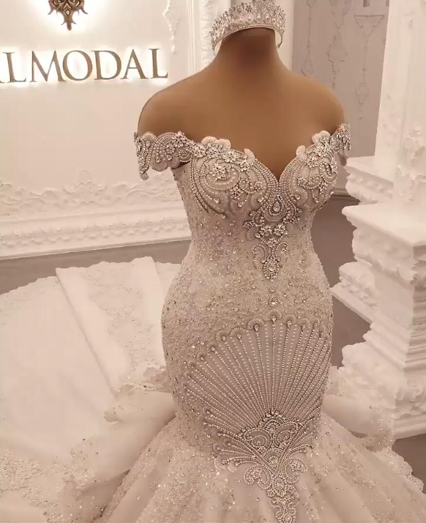 Gorgeous Long Off the Shoulder Crystal Floor Length Backless Mermaid Wedding Dresses