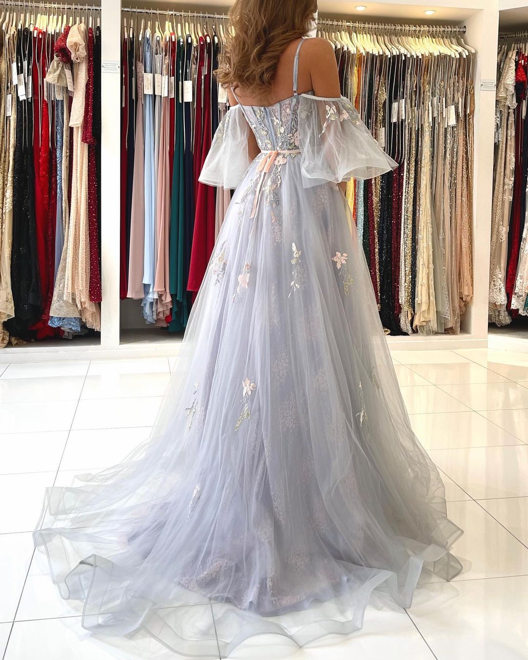 Elegant Long A-line Off the Shoulder Tulle Floral Lace Formal Prom Dress