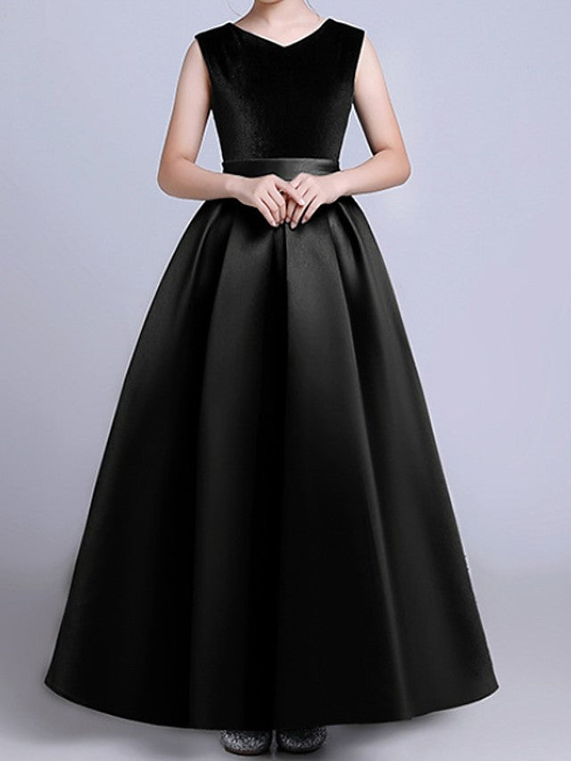 Dark Green Long A-line V-neck Satin Firl Party Dresses