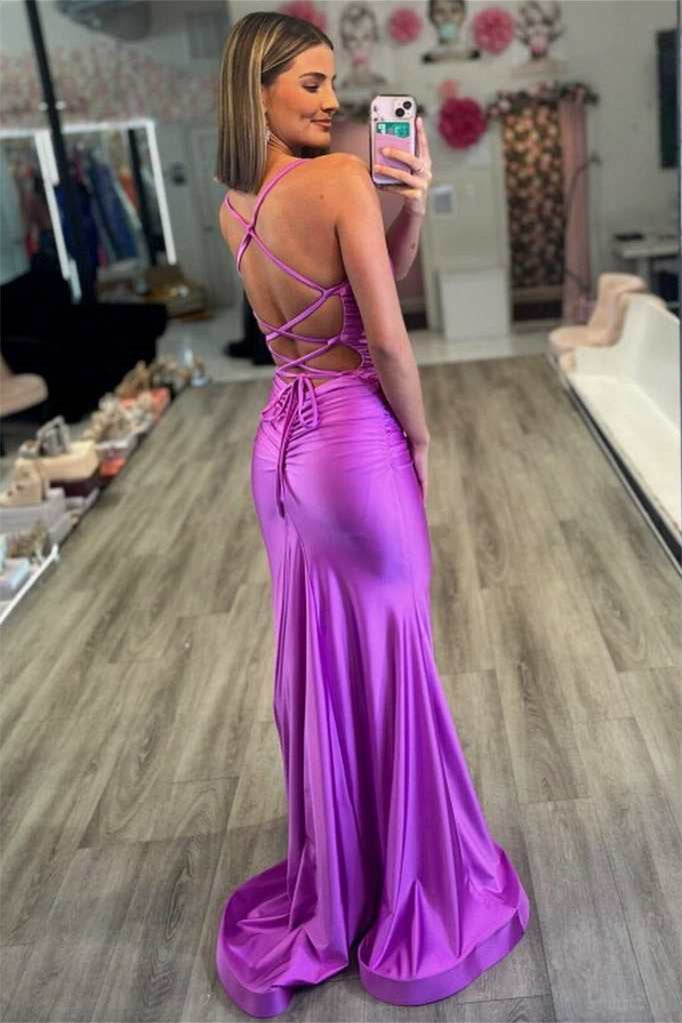 Long Spaghetti Straps Open Back Floor Length Mermaid Prom Dress