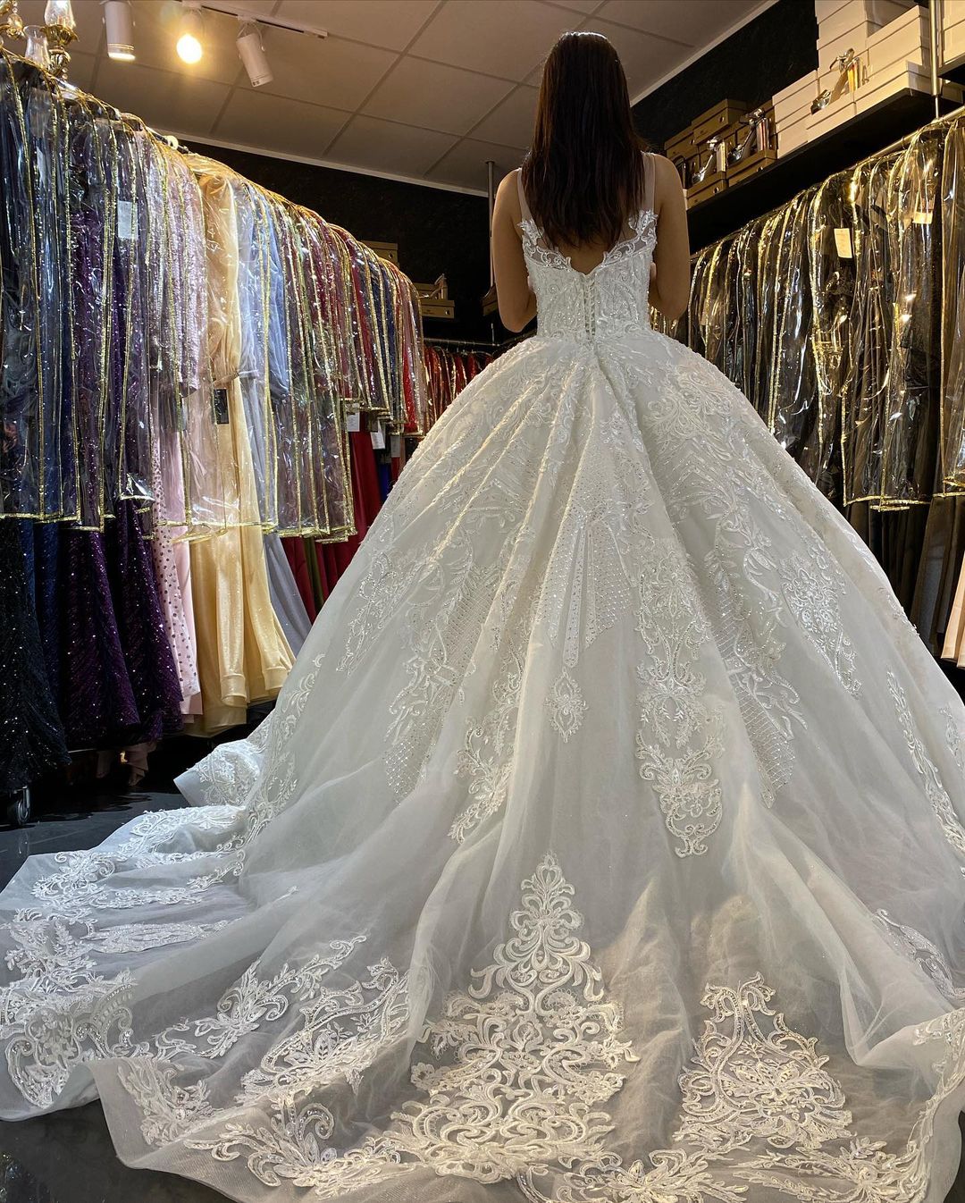 Gorgeous Long Ball Gown V-neck Appliques Lace Backless Floor Length Train Wedding Dress