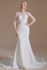 Elegant Long Mermaid Jewel Satin Lace Wedding Dress with Sleeves
