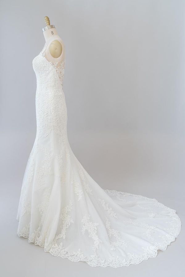 Long Tulle Lace Illusion Appliques Mermaid Wedding Dress