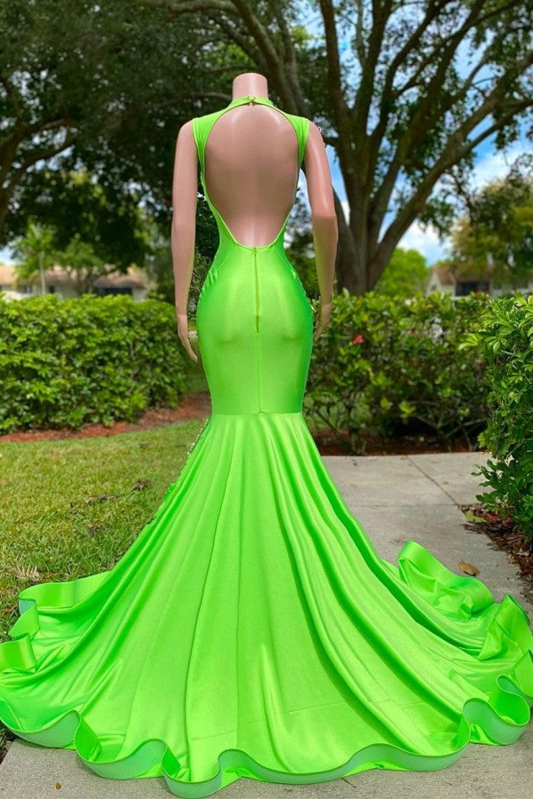 Long Mermaid Sequined V-neck Satin Backless Prom Dress with Appliques