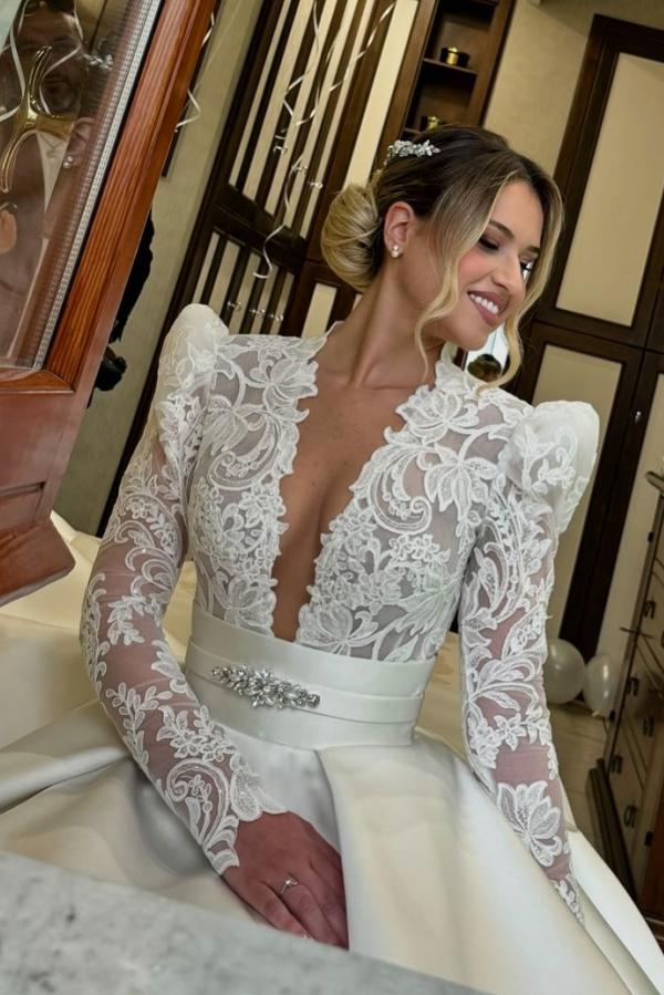 Long Sleeve Deep V-Neck A-Line Lace Satin Wedding Dress with Ruffles