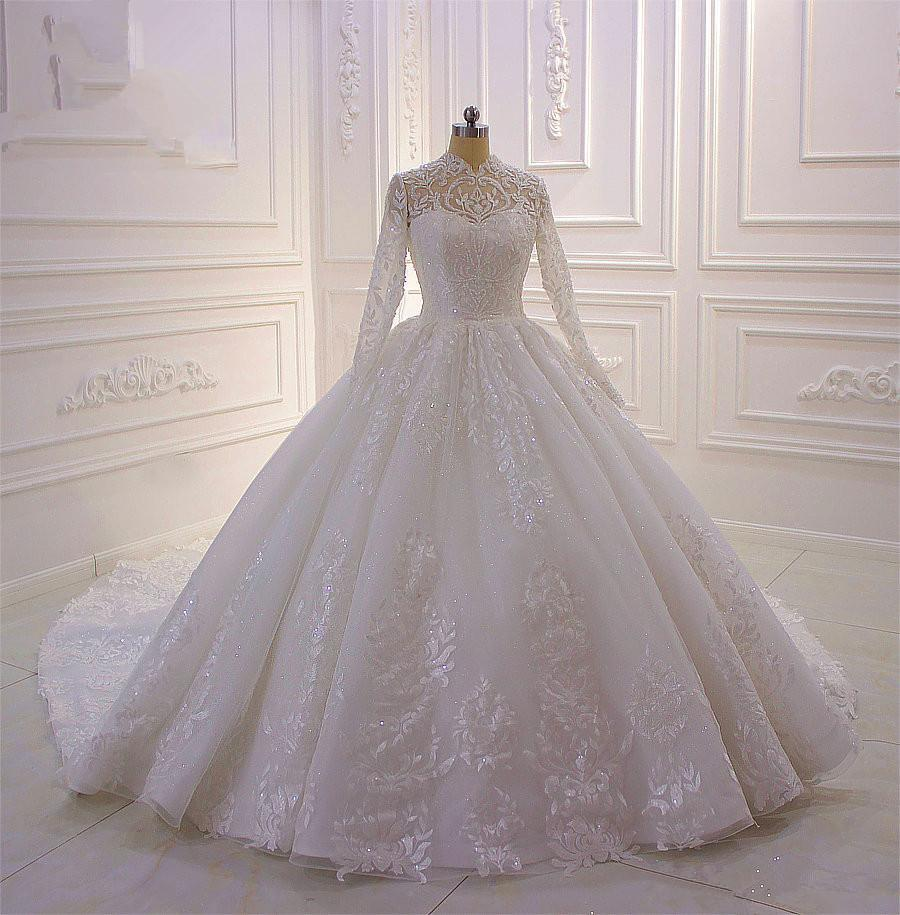 Classy Long Ball Gown High Neck Long Sleeve Appliques Lace Sequins Ruffles Wedding Dress