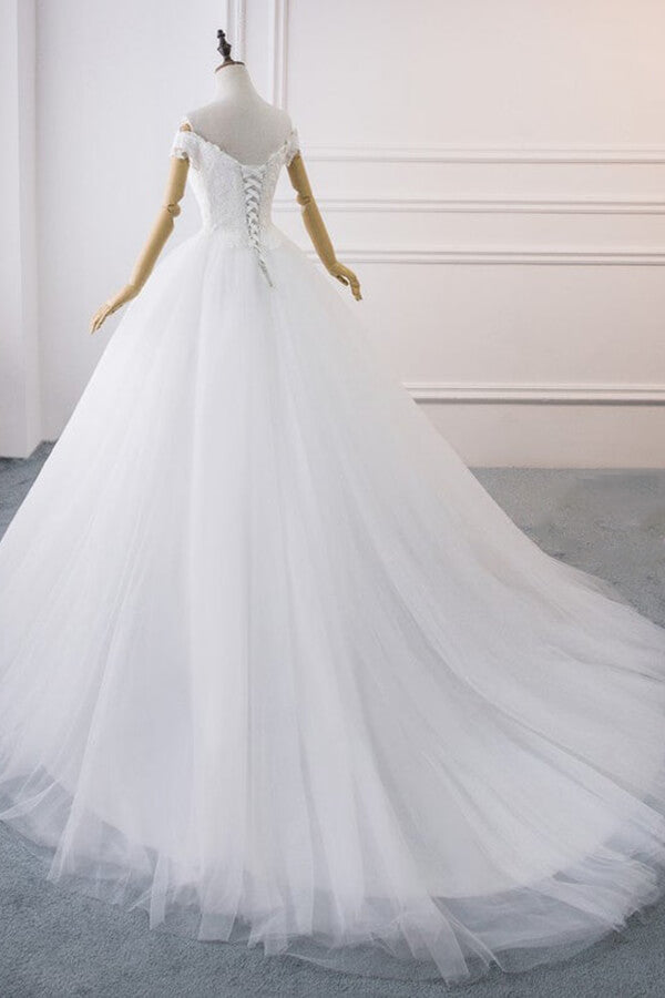 Amazing Long Off the Shoulder V-neck Lace Tulle Ball Gown Wedding Dress