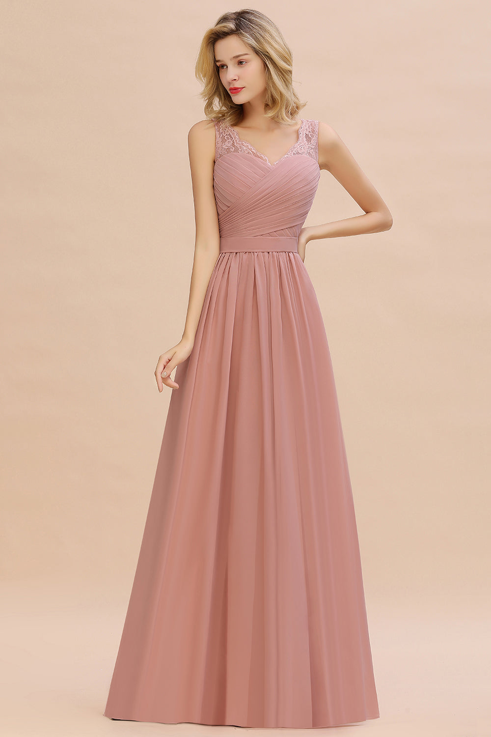 Long A Line Chiffon Sleeveless Lace Bridesmaid Dress with Ruffle