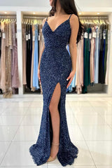 Modest Long Mermaid V-neck Sequined Backless Formal Prom Dresses with Slit