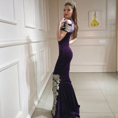 Long High Neck Appliques Lace Backless Floor Length Velvet Mermaid Formal Dress