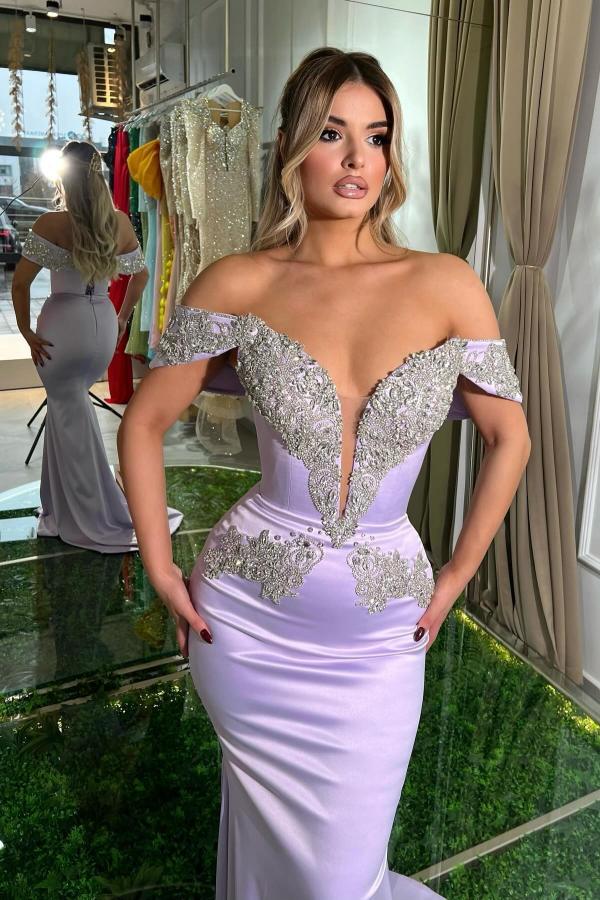 Long Off the Shoulder Mermaid Satin Beads Prom Dresses