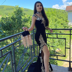 Sexy Black High Neck Appliques Lace Velvet Mermaid Formal Evening Dress With Slit